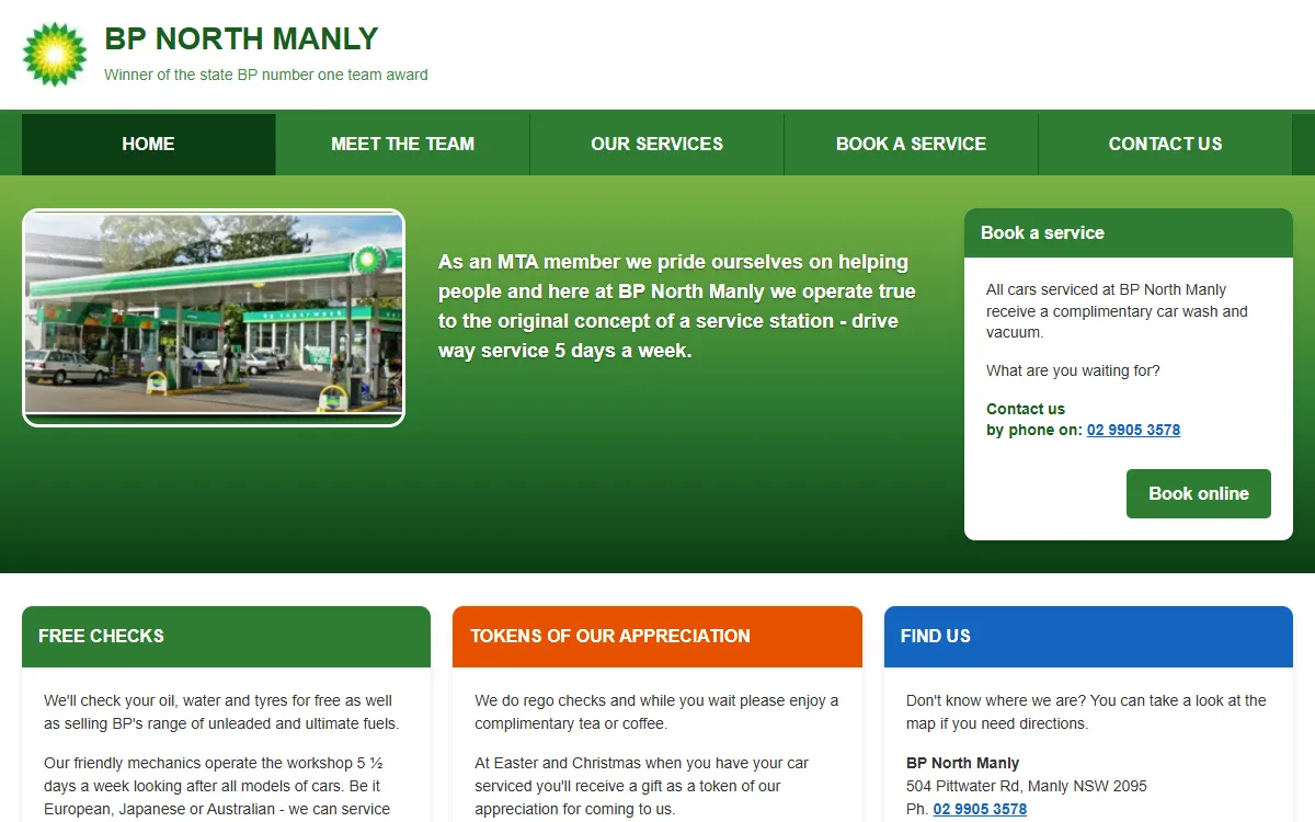 Screenshot of the BP North Manly website homepage