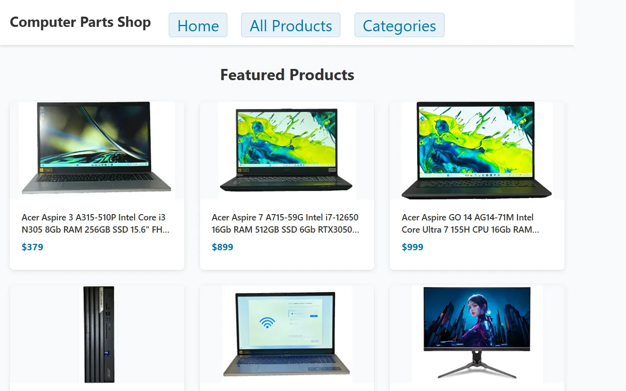 Screenshot of the Computer Parts Shop static HTML site