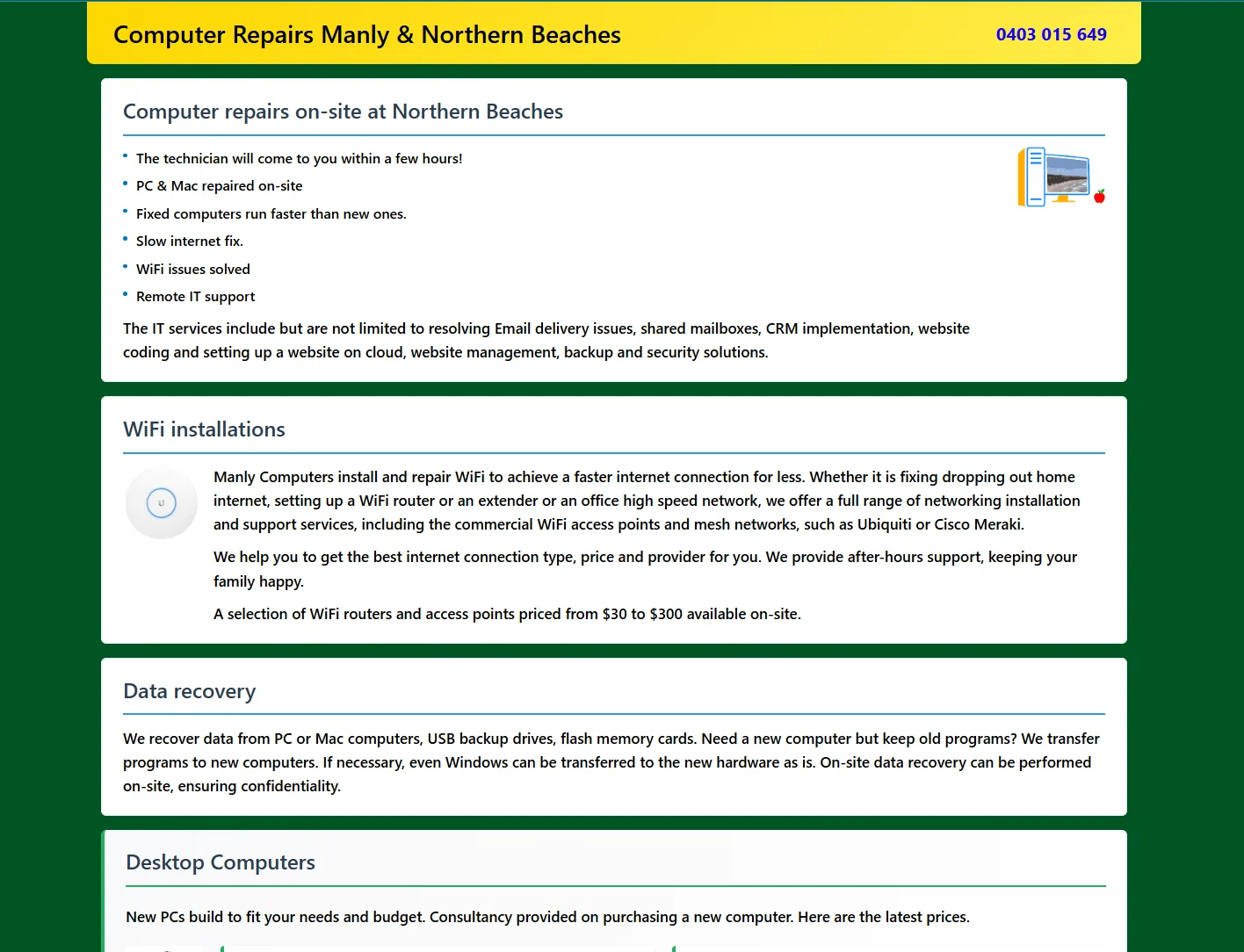 Screenshot of the Manly Computers homepage